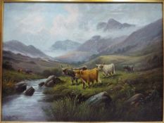 A large framed oil on canvas depicting cattle in a highland landscape,