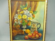 A framed still life oil on board, titled verso 'Autumn Flowers & Fruit With Old Jug',