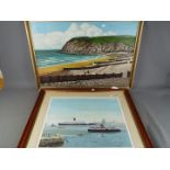 A framed oil on canvas depicting a coastal landscape,