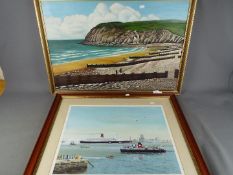 A framed oil on canvas depicting a coastal landscape,