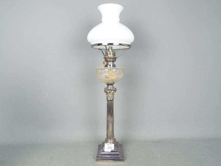 An Elkington Plate oil lamp with glass diffuser, - Image 4 of 5