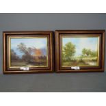 Two framed oil on canvas landscape scenes, each approximately 19 cm x 24 cm image size.