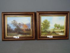 Two framed oil on canvas landscape scenes, each approximately 19 cm x 24 cm image size.