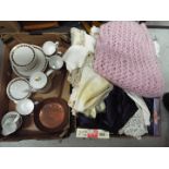 A mixed lot to include a Royal Tuscan tea set, vintage linen,