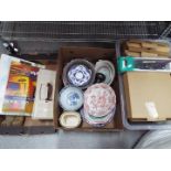 Three boxes to include collector plates, ceramic tableware artist paints, brushes, pads,