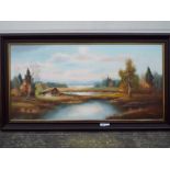 A large, framed oil on canvas landscape scene, signed lower right by the artist,