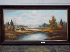 A large, framed oil on canvas landscape scene, signed lower right by the artist,