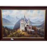 A large oil on canvas landscape depicting Neuschwanstein Castle,