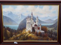 A large oil on canvas landscape depicting Neuschwanstein Castle,