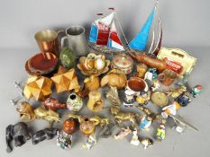 A mixed lot of collectables to include figurines, treen, cloisonné vase, metalware and similar.