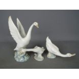 Lladro and Nao - three figurines depicting geese (one Lladro and two Nao)