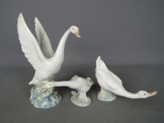 Lladro and Nao - three figurines depicting geese (one Lladro and two Nao)