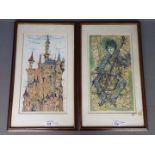 Two Oriental limited edition prints, one depicting a musician, the other a stylised castle,