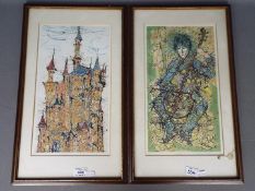 Two Oriental limited edition prints, one depicting a musician, the other a stylised castle,