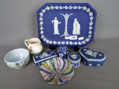 Wedgwood - a collection of Wedgwood Portland Blue ceramics, a Poole pottery jug,