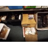 Job Lot - five boxes to include hand bags, CD's, DVDs, a large quantity of stamps,