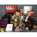 A mixed lot to include ceramics, metalware, wooden boxes, dressing table set, handbags and similar,