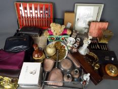 A mixed lot to include ceramics, metalware, wooden boxes, dressing table set, handbags and similar,