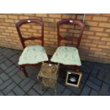 Household furniture - Two Wooden dining chairs with green floral upholstered seats,