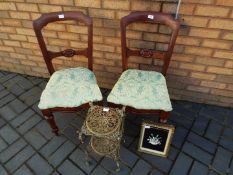 Household furniture - Two Wooden dining chairs with green floral upholstered seats,