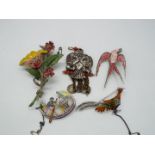 Brooches - four fine quality enamelled brooches and other