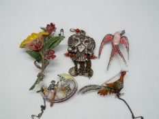 Brooches - four fine quality enamelled brooches and other