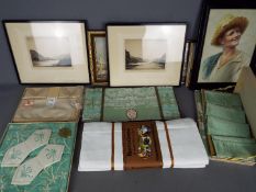 Lot to include vintage Irish linen and various framed pictures.