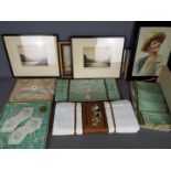 Lot to include vintage Irish linen and various framed pictures.