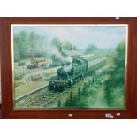 A large, framed Don Breckon print depicting a steam locomotive,