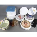 Two boxes containing Franklin Mint collector plates, further ceramics, drinking glasses,