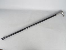 A walking stick with eagle head handle and green eyes
