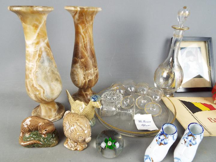A mixed lot to include decanter and glasses, onyx vases, paperweights, Napoleon print, - Image 2 of 3