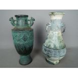 Two metal vases, possibly Japanese, with verdigris finish, marked to the base,