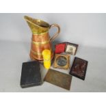 A small mixed lot of collectables to include a copper and brass jug, antique photo in case,