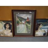 Two framed oils on canvas, portraits of a lady and a framed and glazed street scene,