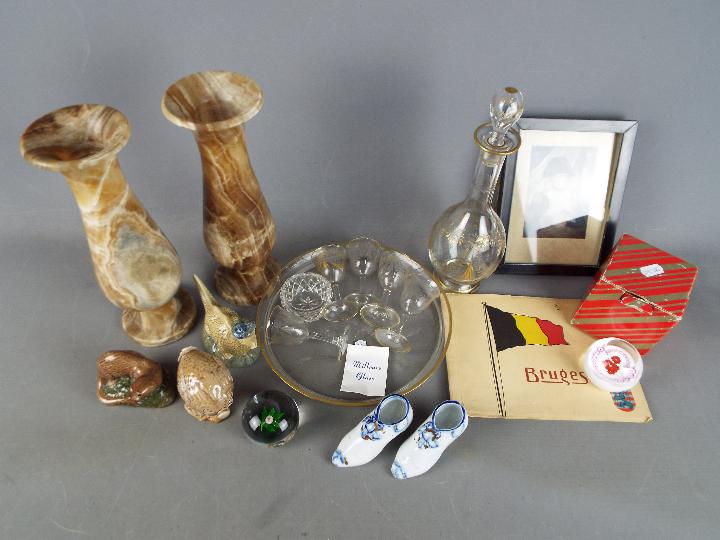 A mixed lot to include decanter and glasses, onyx vases, paperweights, Napoleon print,