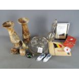 A mixed lot to include decanter and glasses, onyx vases, paperweights, Napoleon print,