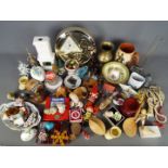 A mixed lot to include ceramics, glassware, treen, a clock, costume jewellery and similar.