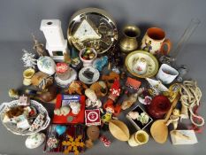 A mixed lot to include ceramics, glassware, treen, a clock, costume jewellery and similar.