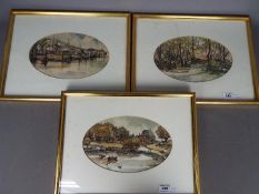 Linda Poggio - Three pen/ink and watercolour landscapes, mounted and framed under glass.
