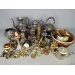 A quantity of metalware, brass, plated, pewter.