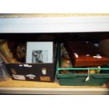 Job Lot - Six boxes to include a vintage suitcase, battery charger, stone ware, canteen of cutlery,