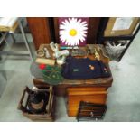 Lot to include a vintage metal trunk, oil on canvas, vintage shelving, large,