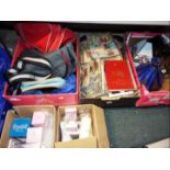 Job Lot - five boxes to include glass table lamps, sports bags, vintage annuals/books,