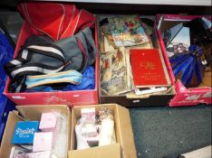 Job Lot - five boxes to include glass table lamps, sports bags, vintage annuals/books,
