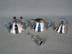 Michael Graves for Alessi - A cream jug and lidded sugar bowl with a miniature kettle,