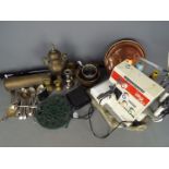 A quantity of metalware and an Elna Pro 4 sewing machine.