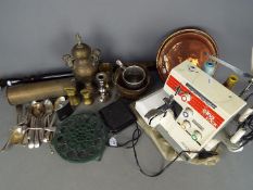 A quantity of metalware and an Elna Pro 4 sewing machine.