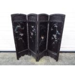 A small four fold room divider or fire screen with inlaid decoration, approximately 90 cm x 108 cm.