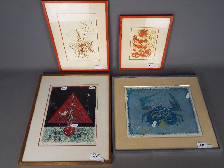 A collection of four limited edition Japanese prints, animal and plant related, varying image sizes.
